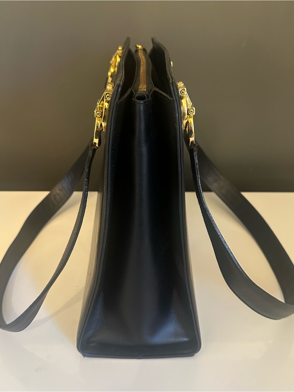 Ferragamo Gancini Black Leather Tote Purse Gold Large 2 Handle Structured Y2K - Picture 7 of 15